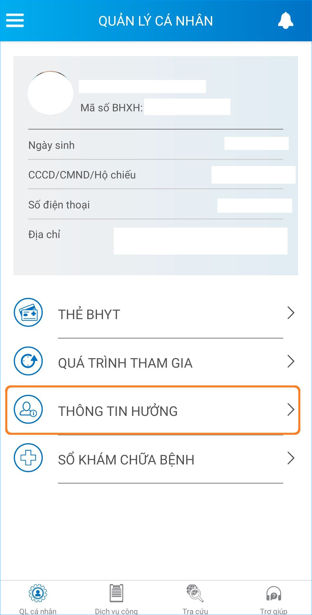 Tại giao diện cá nhân của VssID, kéo xuống và chọn mục Thông tin hưởng để xem các chế độ