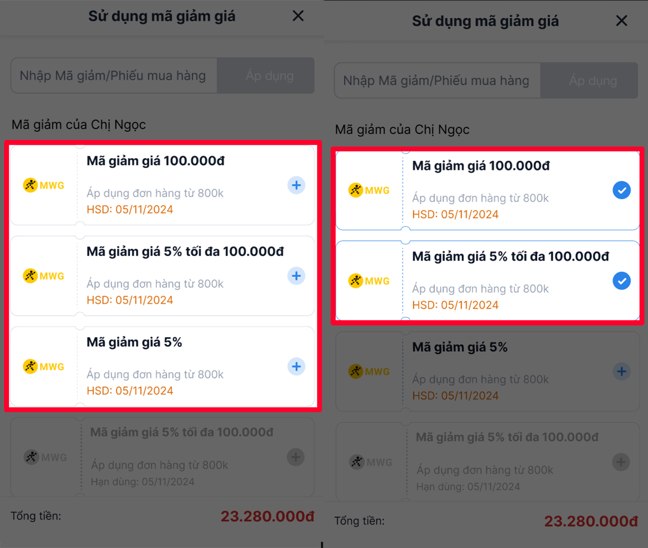 Nhập mã giảm giá từ Quà tặng VIP