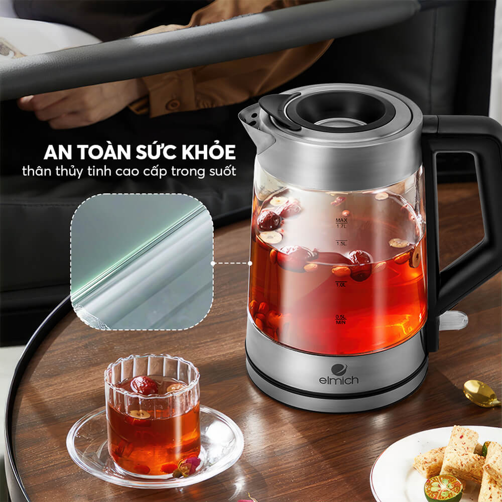 Bình đun siêu tốc Elmich 1.7 lít KEE-8458 làm từ chất liệu thủy tinh cao cấp, an toàn cho sức khỏe, dễ quan sát nước bên trong