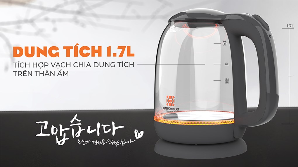 Bình đun siêu tốc Hawonkoo 1.7 lít KEH-170-GR có hiệu suất đun sôi vượt trội, giúp tiết kiệm thời gian tối đa