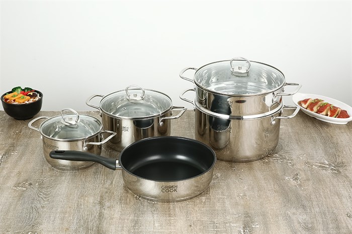 Bộ nồi chảo inox 5 đáy nắp kính Green Cook GCS241-T1 với đa dạng kích thước, đáp ứng nhiều nhu cầu nấu nướng cho gia đình