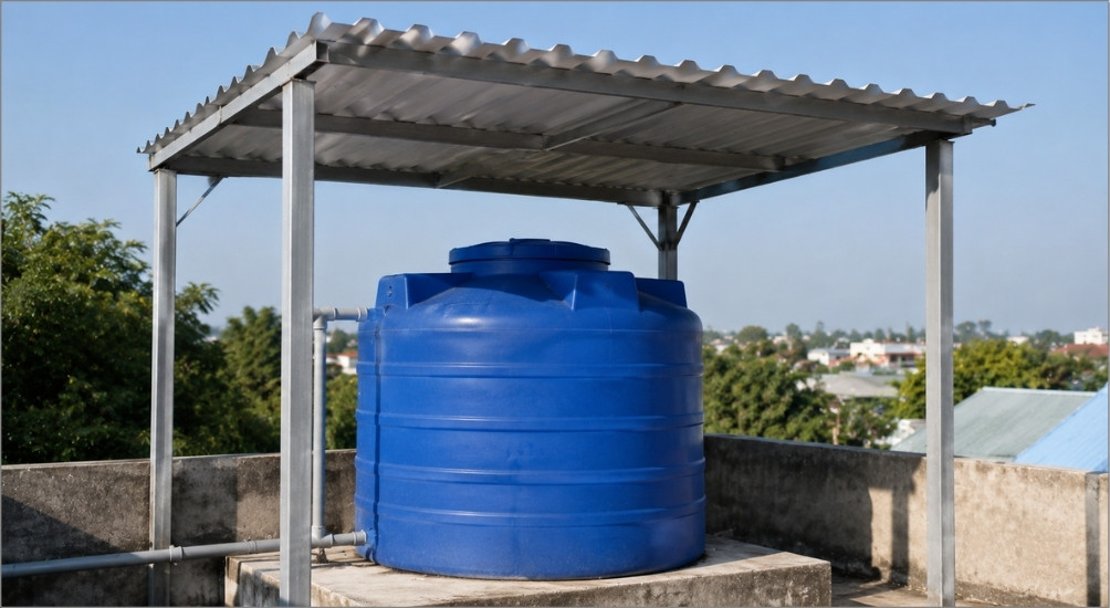 Cân nhắc làm một mái tôn che nhỏ hoặc dùng lưới chống nắng che chắn xung quanh khu vực đặt bồn nước
