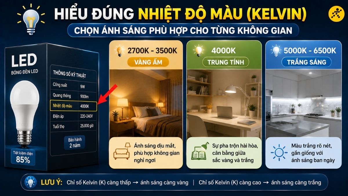 Nhìn vào thông số Kelvin trên vỏ hộp sẽ giúp bạn mua đúng màu ánh sáng theo ý muốn