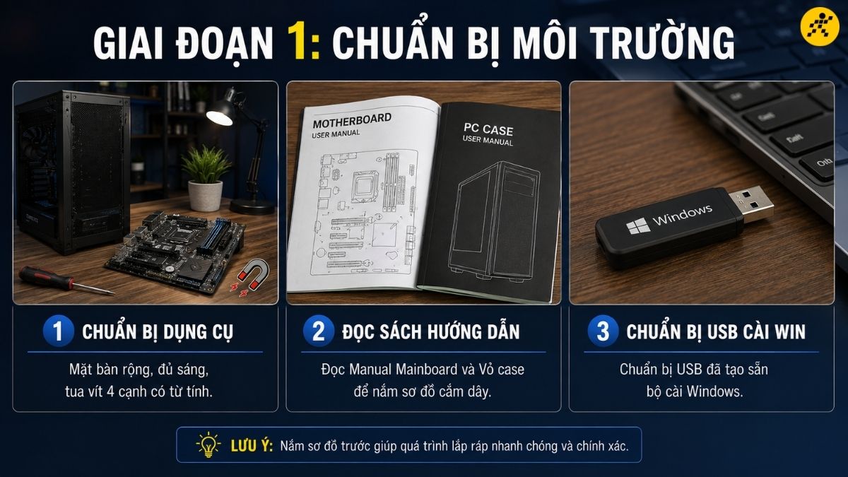 Chuẩn bị một mặt bàn rộng rãi, đủ sáng Chuẩn bị một mặt bàn rộng rãi, đủ sáng
