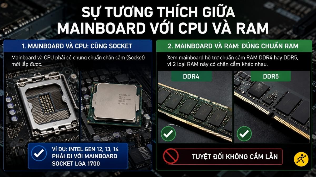 Mainboard và CPU phải có chung chuẩn chân cắm Mainboard và CPU phải có chung chuẩn chân cắm