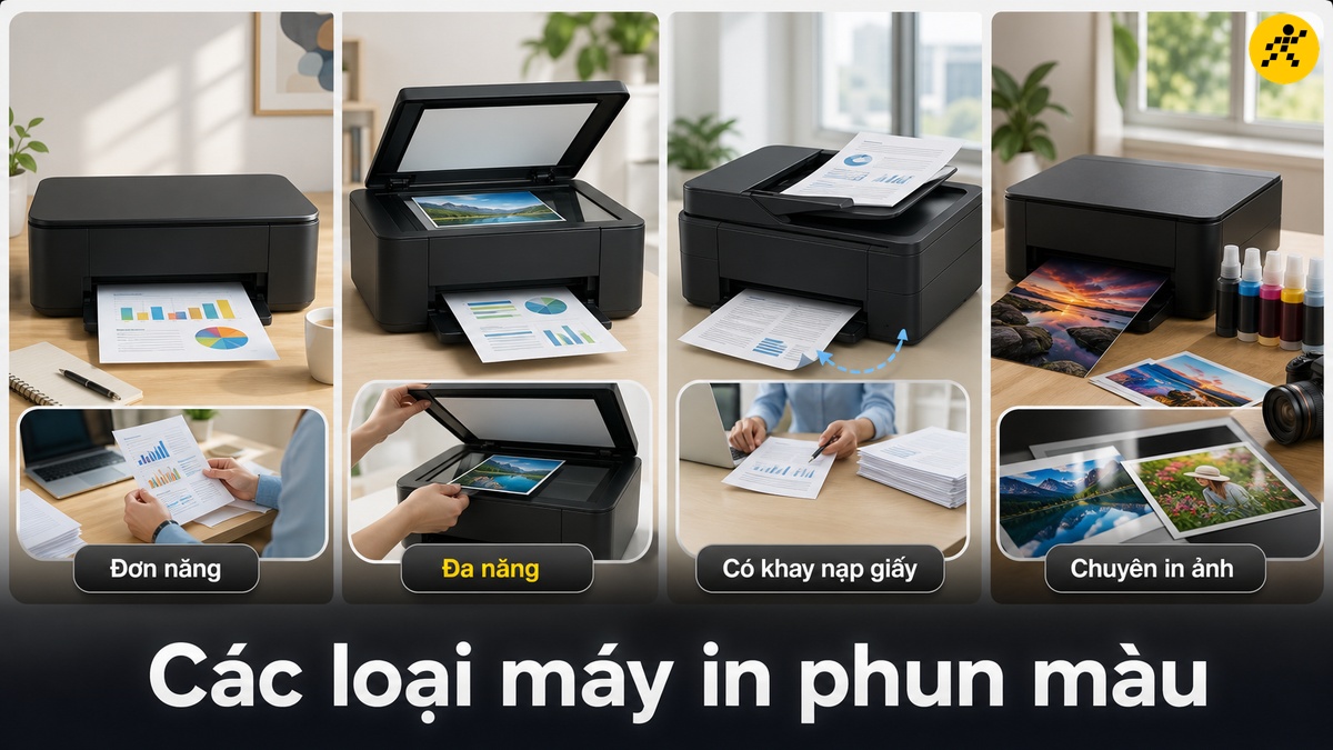 Các loại máy in phun màu Bốn loại máy in phun màu: đơn năng, đa năng, có khay nạp giấy và chuyên in ảnh