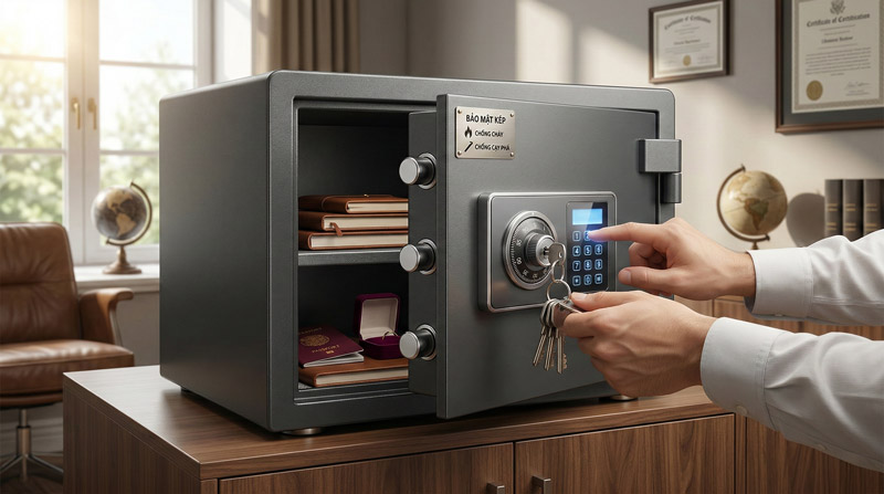 Két sắt khóa cơ kết hợp điện tử với hai lớp bảo mật an toàn Két sắt khóa cơ kết hợp điện tử với hai lớp bảo mật an toàn