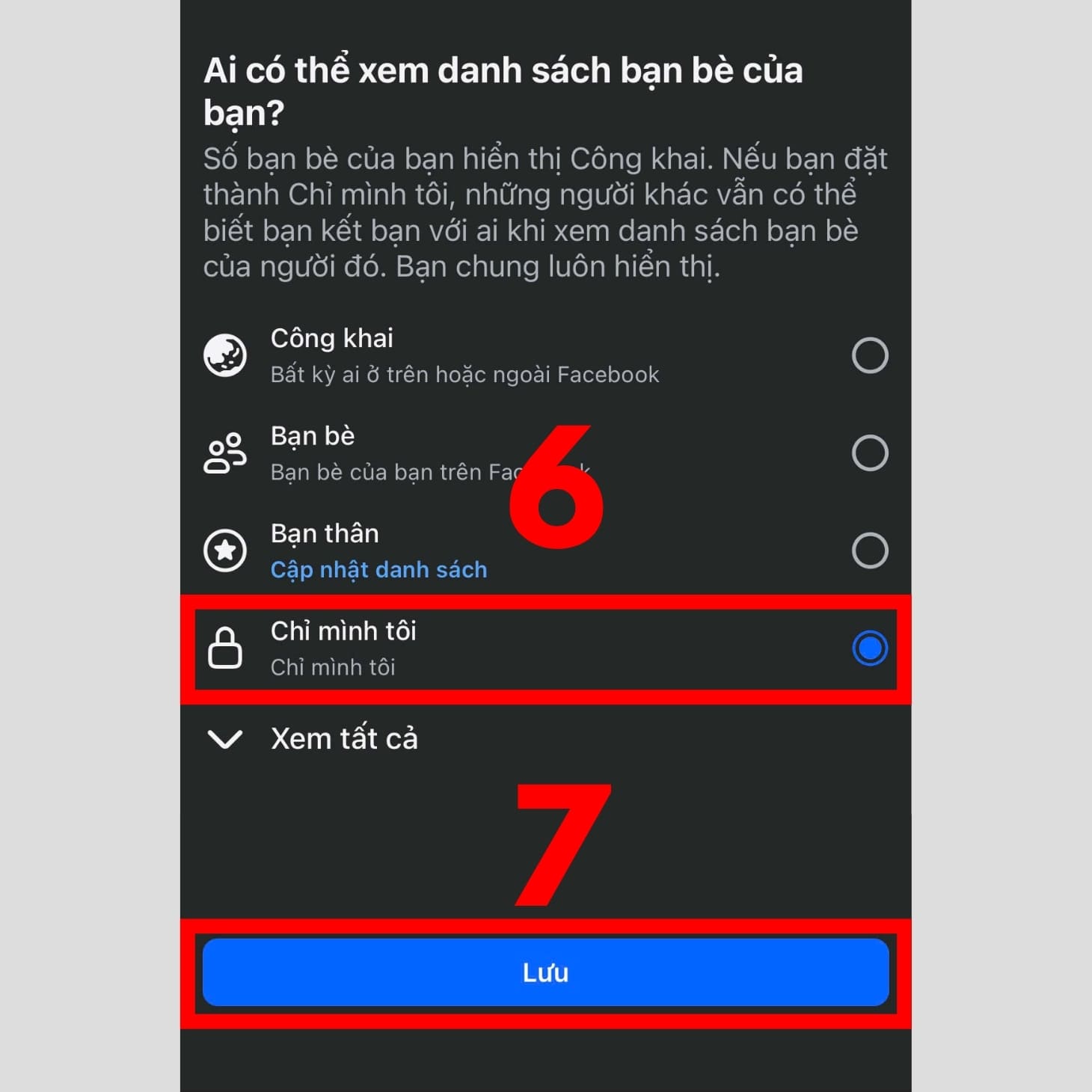 Chọn chế độ Chỉ mình tôi để ẩn danh sách bạn bè trên Facebook