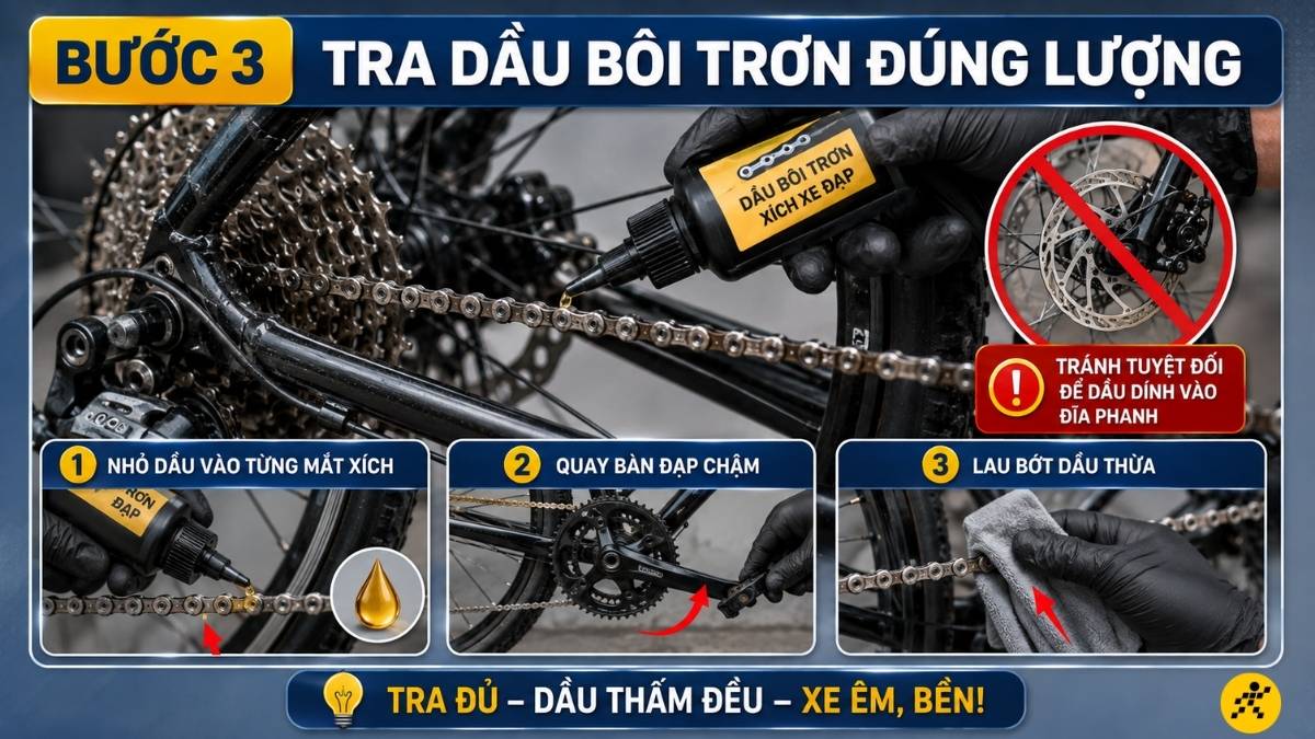 Tra lượng dầu vừa đủ và lau sạch phần dư thừa Tra lượng dầu vừa đủ và lau sạch phần dư thừa