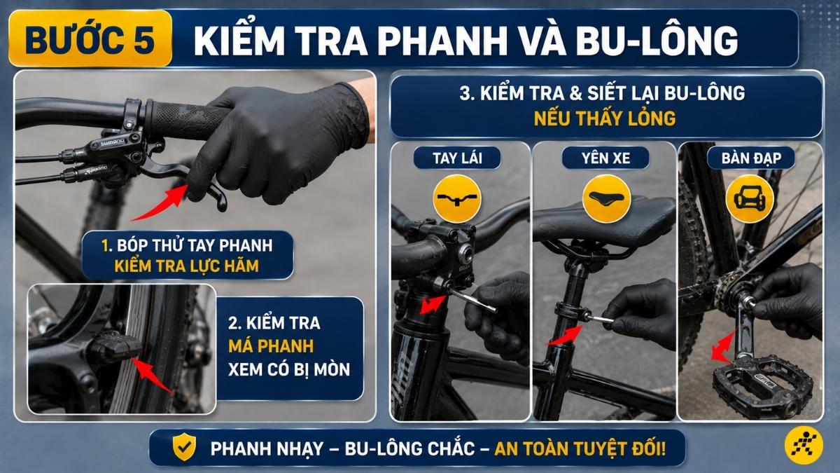 Kiểm tra phanh và bu-lông Kiểm tra phanh và bu-lông