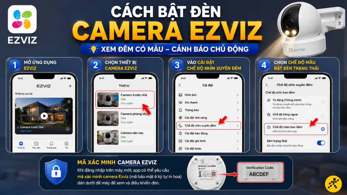 C&aacute;ch bật đ&egrave;n camera Ezviz 