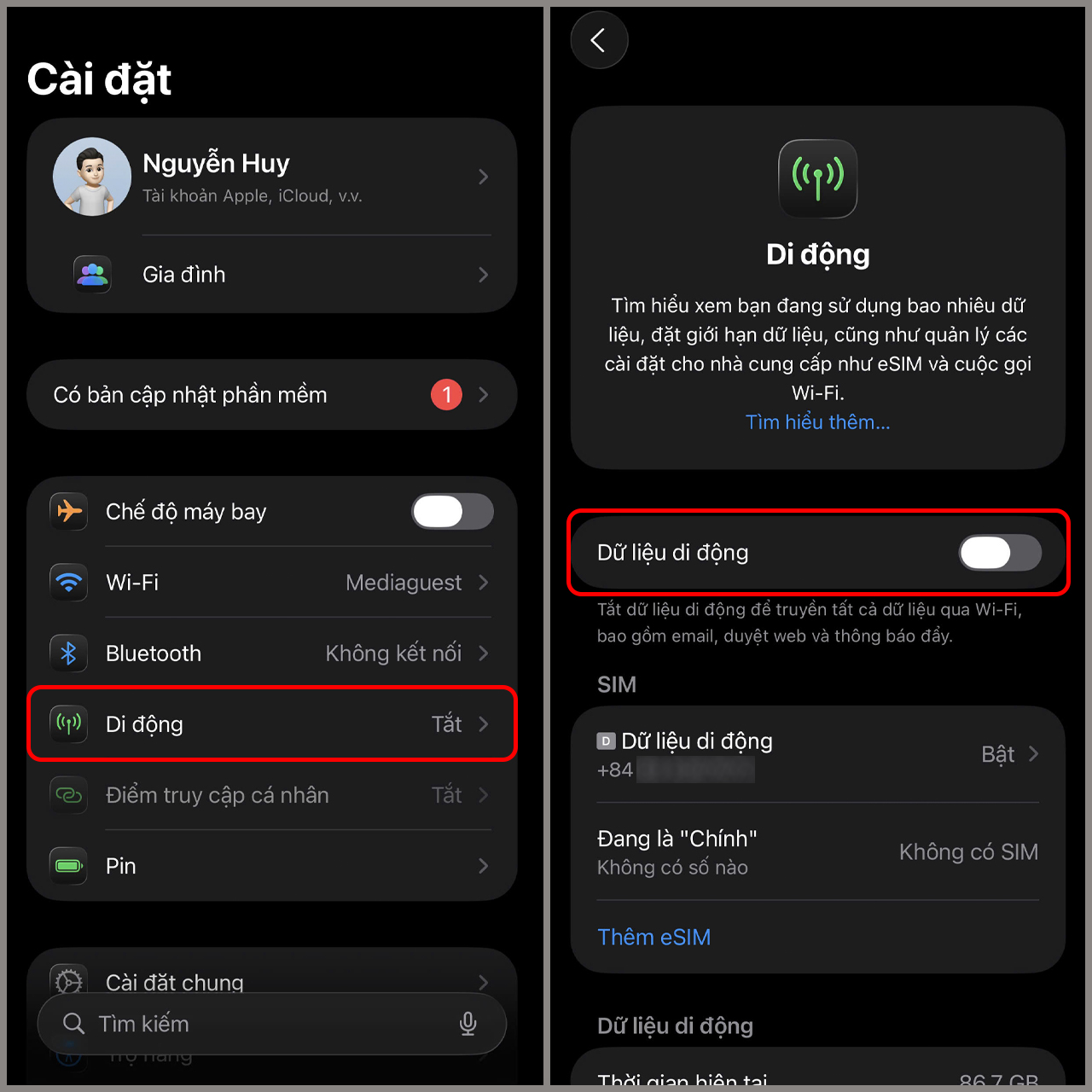 Cách bật dữ liệu di động trên iPhone