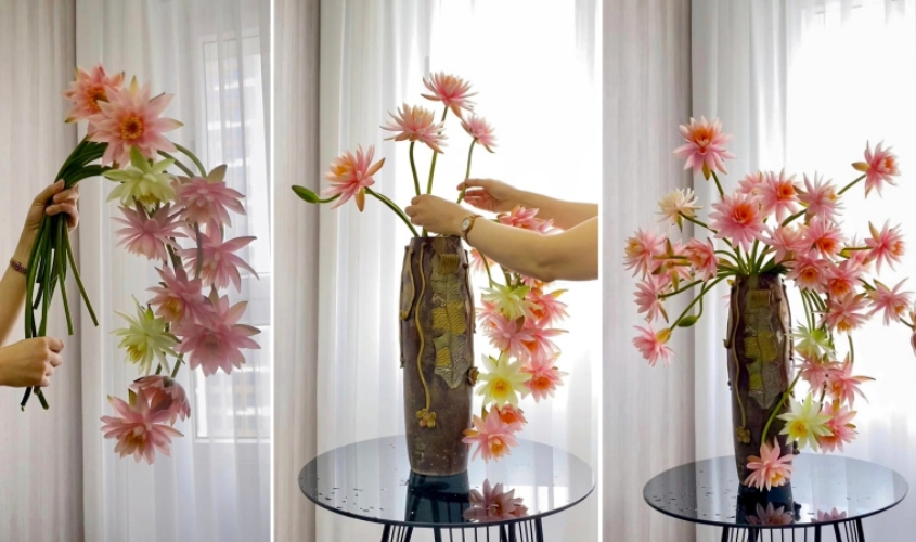 Cách cắm bình hoa súng đẹp theo chị Hà Lê chia sẻ