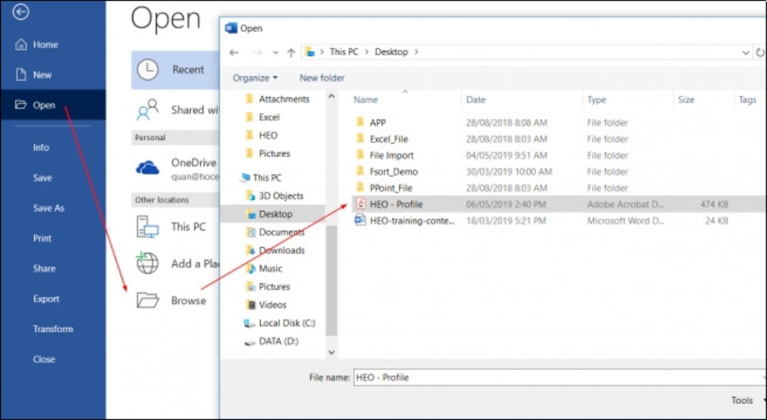 Mở Word > File > Open > Chọn file PDF
