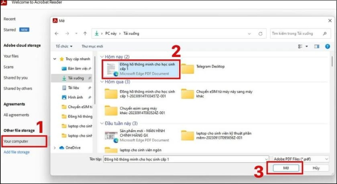Chọn file PDF cần mở, nhấn Open