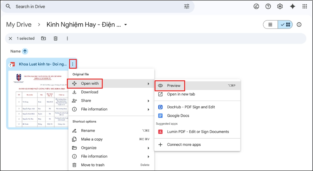 Chọn dấu 3 chấm ở góc phải tệp tài liệu > Chọn Mở bằng > Chọn Xem trước