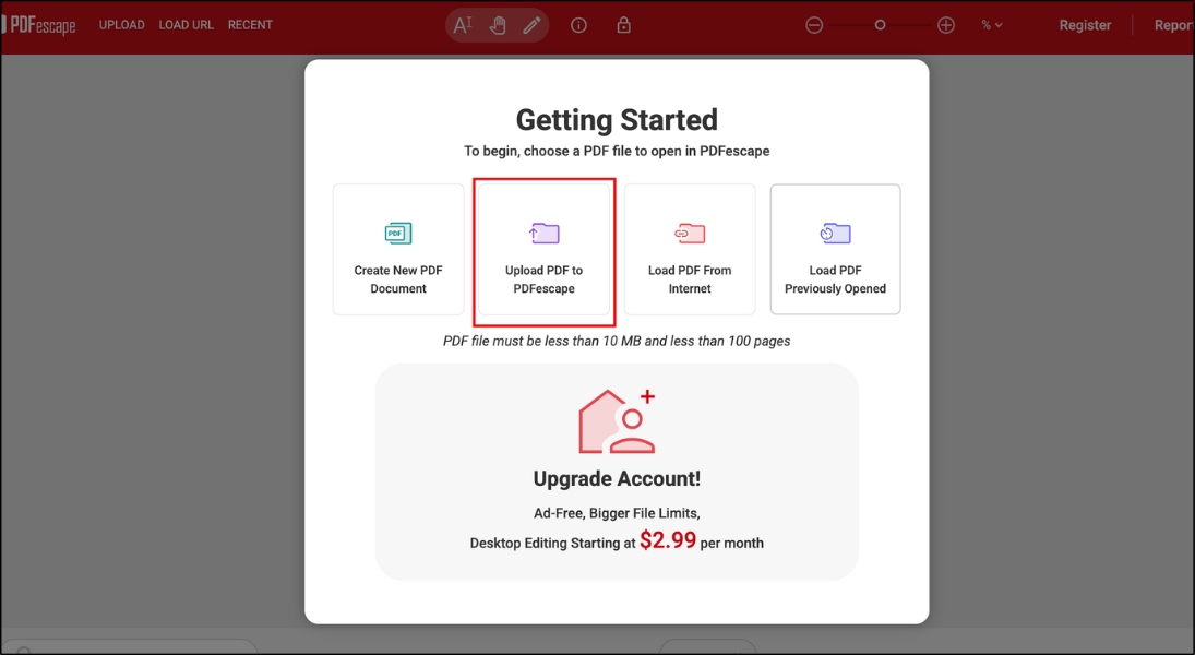Chọn Choose file và Upload file PDF