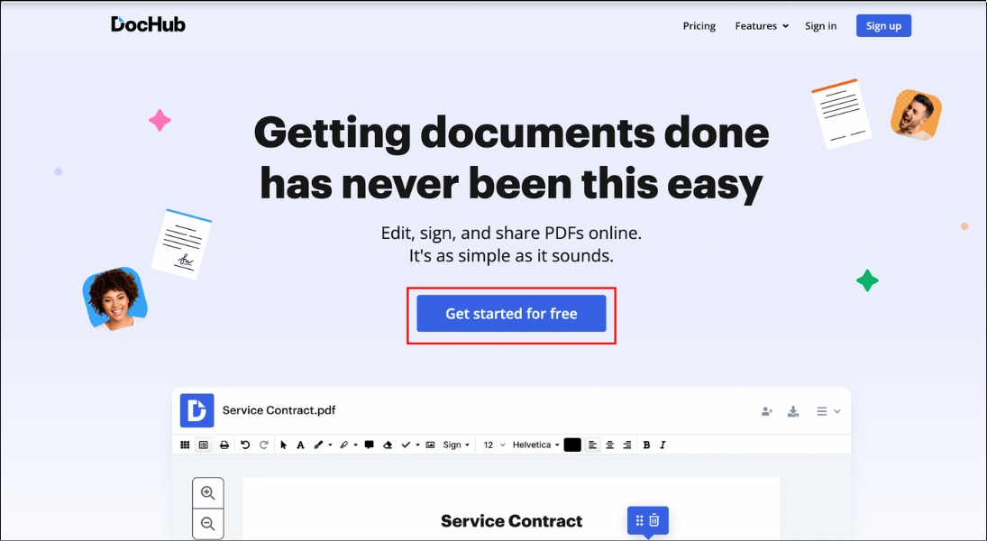 Truy cập Dochub > Chọn Get started for free