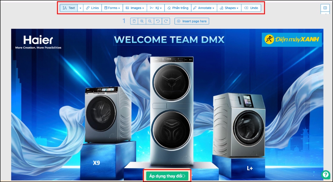 Chỉnh sửa văn bản, hình ảnh, đường liên kết trên thanh công cụ, nhấn Áp dụng thay đổi