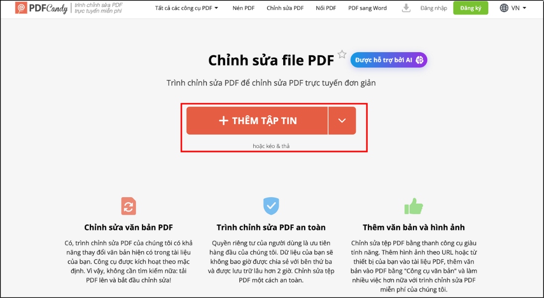 Nhấp Thêm tập tin để tải lên tệp PDF