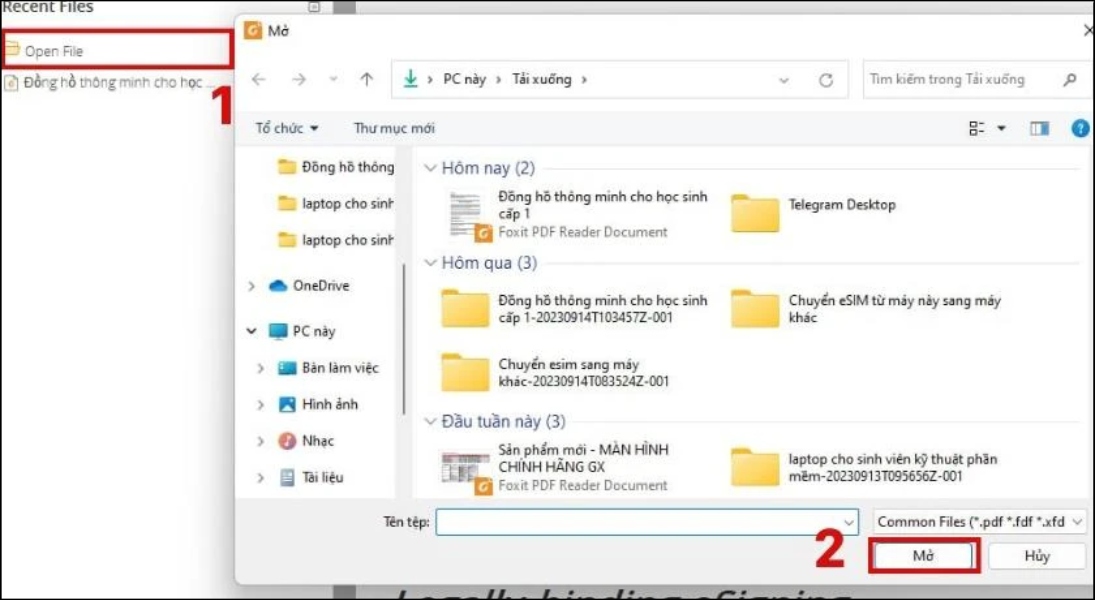 Chọn file PDF cần mở, nhấn Open