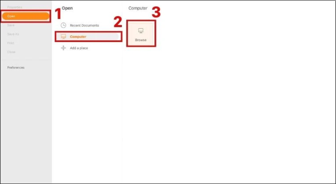 Chọn Computer hoặc Recent Document, sau đó Browser