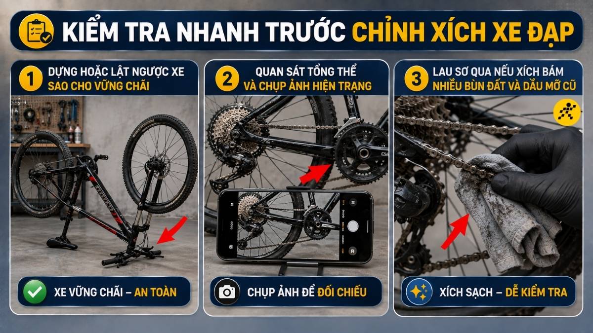 Kiểm tra nhanh trước khi chỉnh xích Kiểm tra nhanh trước khi chỉnh xích