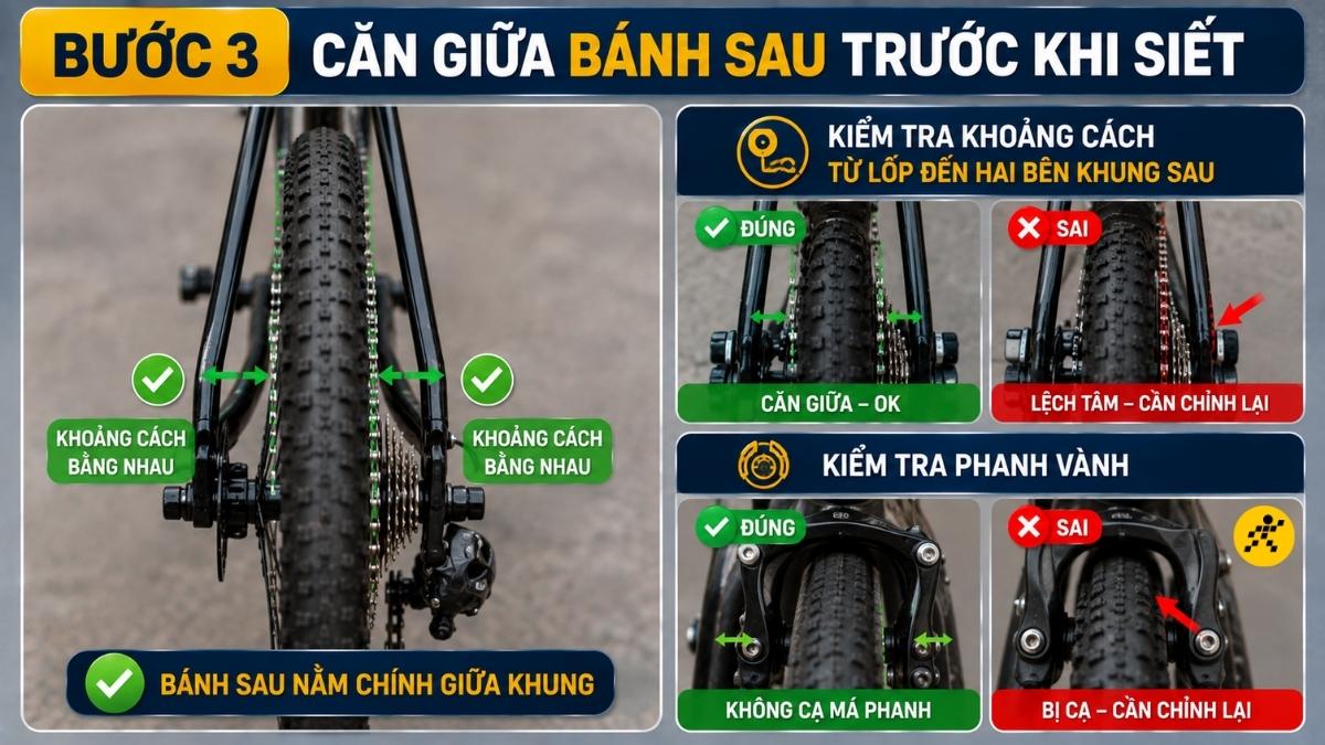 Căn giữa bánh sau trước khi siết Căn giữa bánh sau trước khi siết