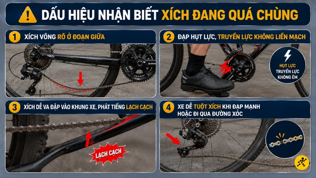 Dấu hiệu nhận biết xích đang quá chùng Dấu hiệu nhận biết xích đang quá chùng