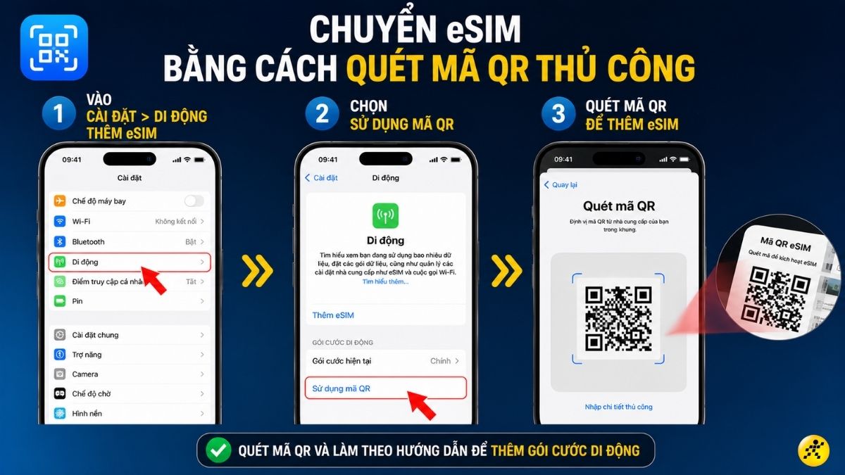 Chuyển eSIM bằng c&aacute;ch qu&eacute;t m&atilde; QR thủ c&ocirc;ng