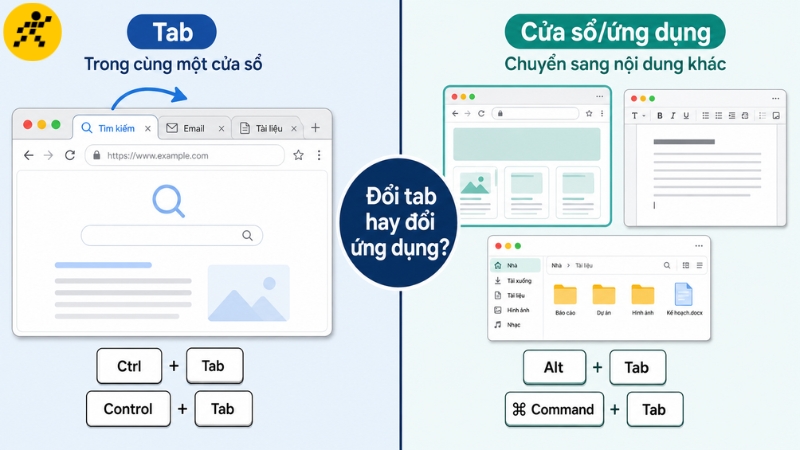 Tab nằm trong một cửa sổ, còn cửa sổ có thể thuộc các ứng dụng khác nhau Tab nằm trong một cửa sổ, còn cửa sổ có thể thuộc các ứng dụng khác nhau