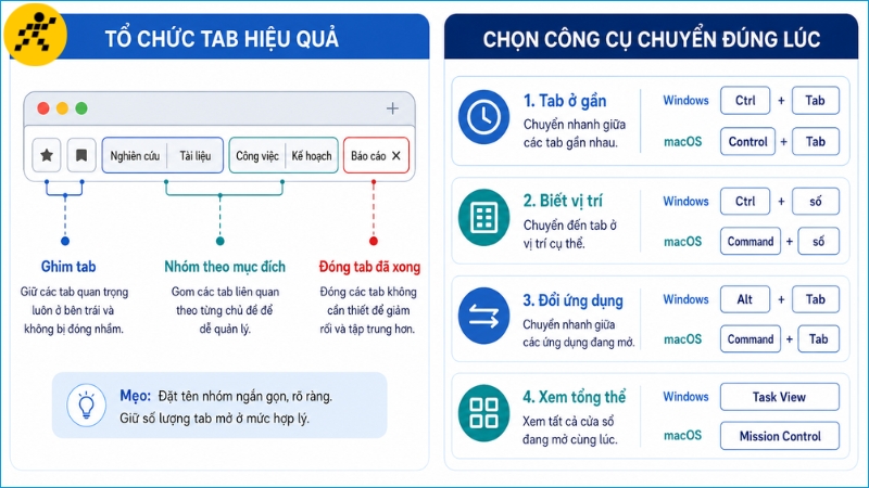 Sắp xếp tab hợp lý và chọn đúng công cụ giúp giảm thời gian tìm nội dung đang mở Sắp xếp tab hợp lý và chọn đúng công cụ giúp giảm thời gian tìm nội dung đang mở