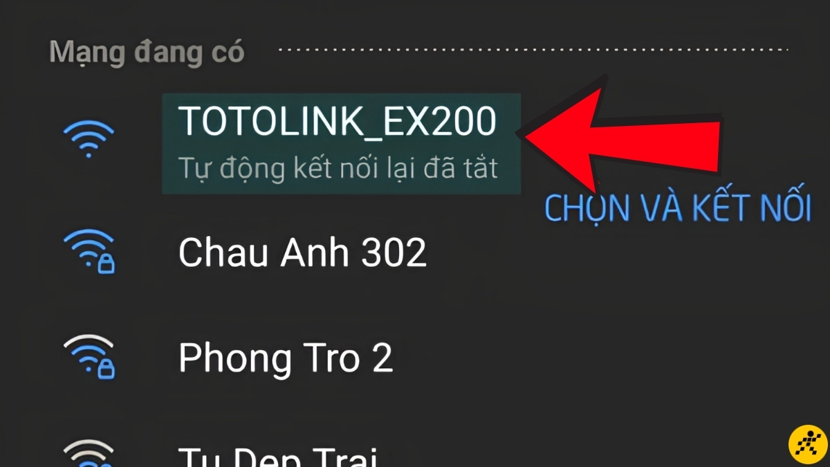 Chọn kết nối v&agrave;o s&oacute;ng WiFi c&oacute; t&ecirc;n mặc định l&agrave; TOTOLINK_EX200