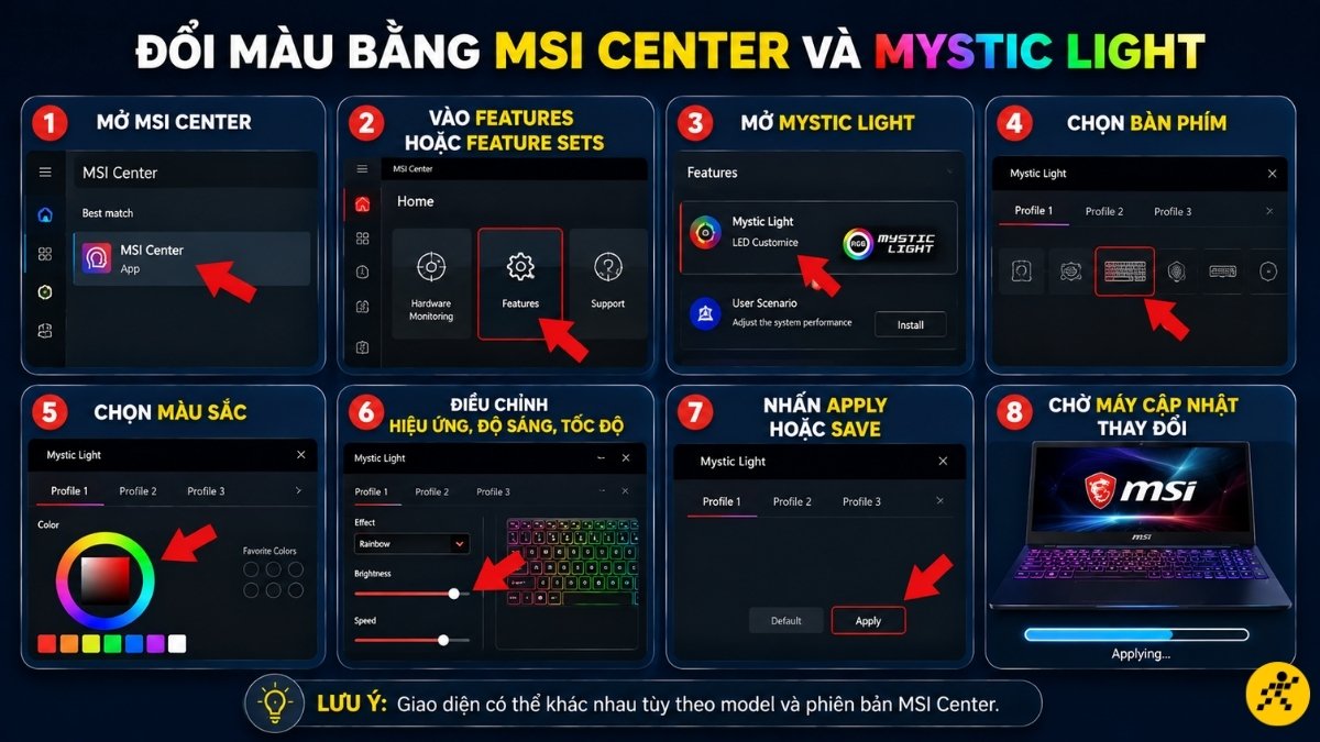 Đổi m&agrave;u bằng MSI Center v&agrave; Mystic Light