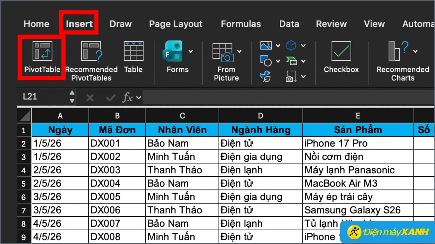 Khởi tạo bảng Pivot Table dựa trên vùng dữ liệu Cách dùng Pivot Table trên Excel