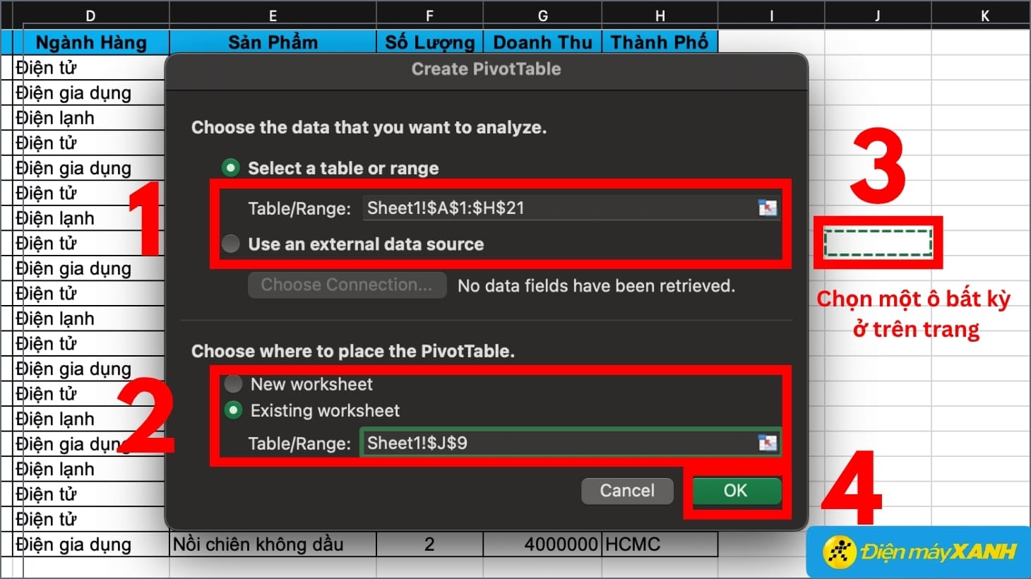 Lựa chọn vùng dữ liệu và vùng xuất bản Pivot Table Cách sử dụng Pivot Table trong Excel