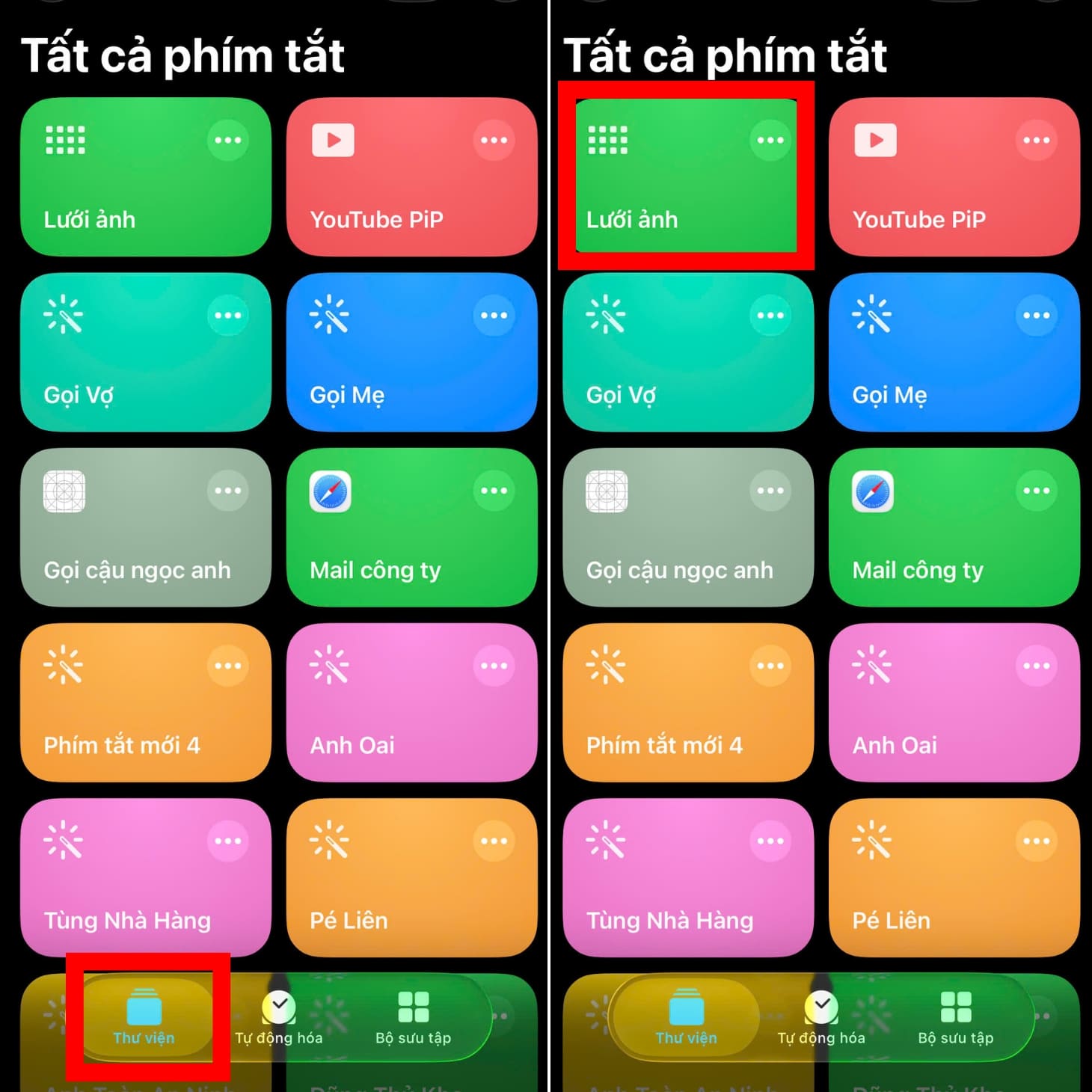 Chọn tính năng Lưới ảnh trong Thư viện phím tắt của tôi