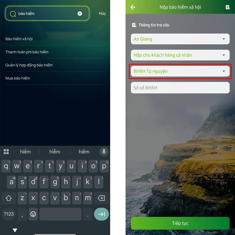 Vào mục sản phẩm và tìm chữ bảo hiểm, sau đó chọn dịch vụ BHXH hoặc BHYT để tiếp tục