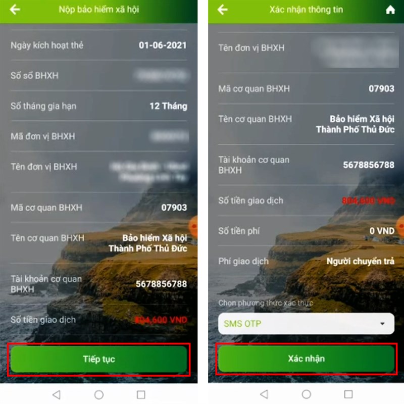 Kiểm tra thông tin và số tiền cần đóng rồi xác nhận thanh toán bằng mật khẩu hoặc sinh trắc học
