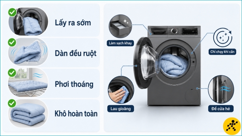 Phơi khô chăn và làm sạch các vị trí dễ đọng xơ vải sau khi giặt