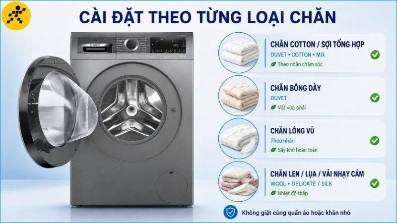 Chọn đúng chế độ giặt cho từng loại chăn để bảo vệ chất liệu và tăng độ bền