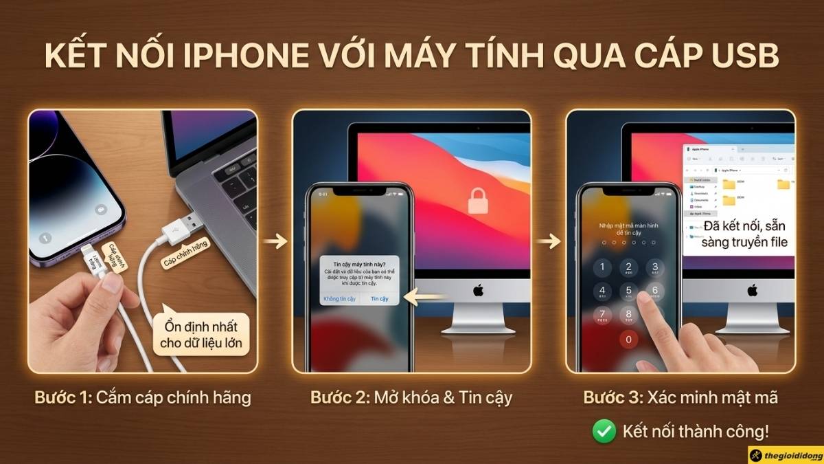 Kết nối iPhone với m&aacute;y t&iacute;nh bằng c&aacute;p USB