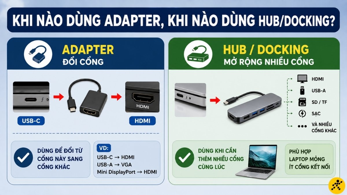 Khi nào cần adapter, khi nào cần hub/docking Khi nào cần adapter, khi nào cần hub/docking