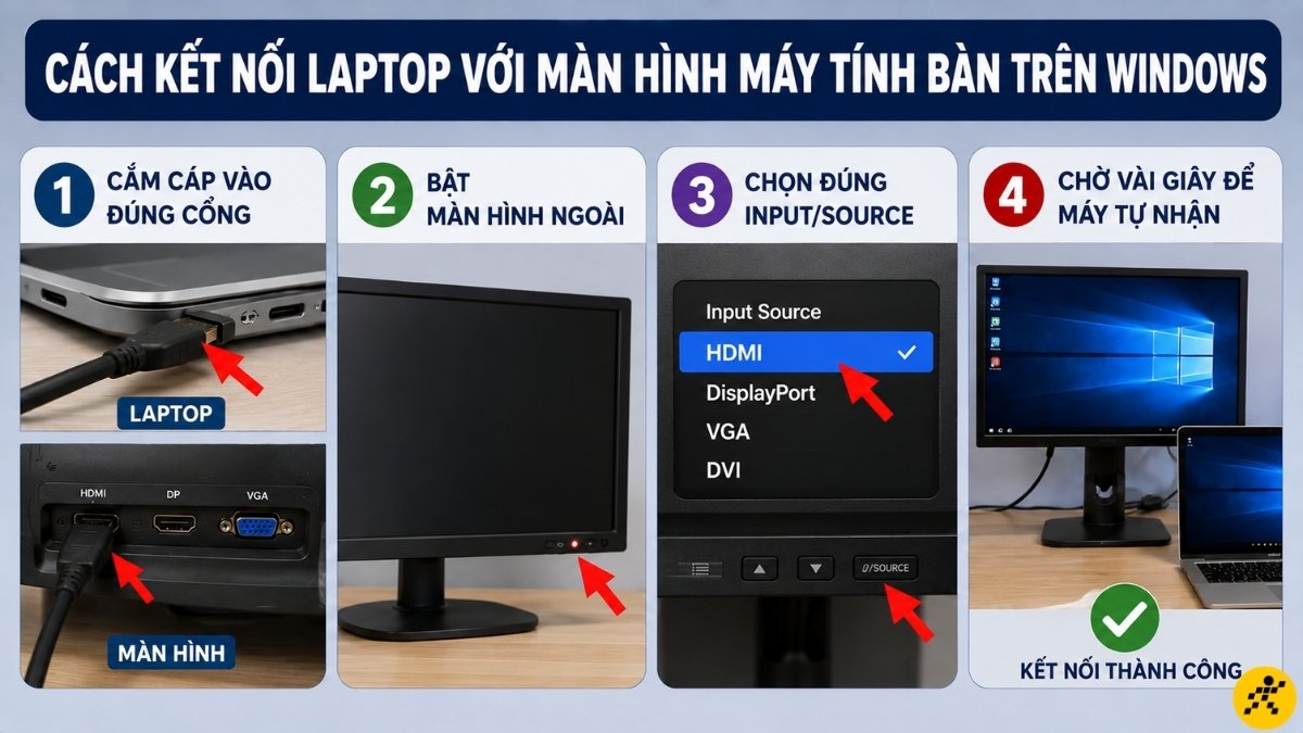 Cách kết nối laptop với màn hình máy tính bàn trên Windows Cách kết nối laptop với màn hình máy tính bàn trên Windows