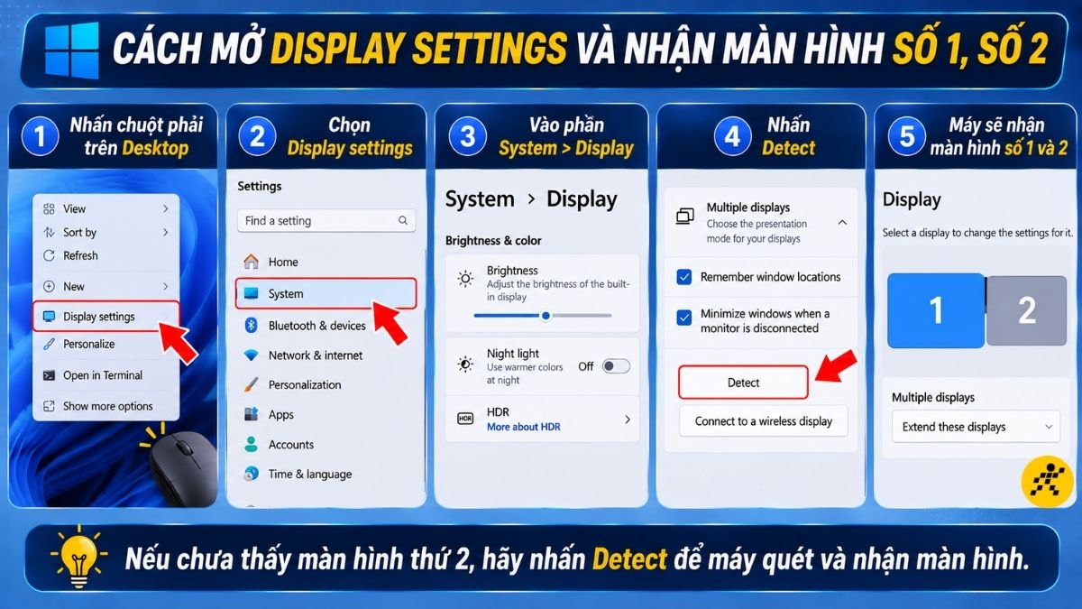 Cách mở Display Settings và nhận màn hình số 1, số 2 Cách mở Display Settings và nhận màn hình số 1, số 2