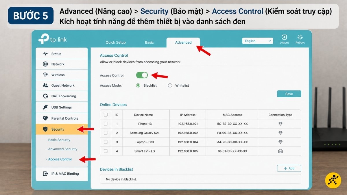 Chọn Access Control (Kiểm soát truy cập) và kích hoạt tính năng Chọn Access Control (Kiểm soát truy cập) và kích hoạt tính năng