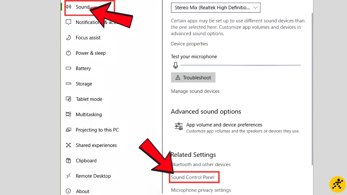 Kéo xuống mục Related Settings, chọn Sound Control Panel Kéo xuống mục Related Settings, chọn Sound Control Panel