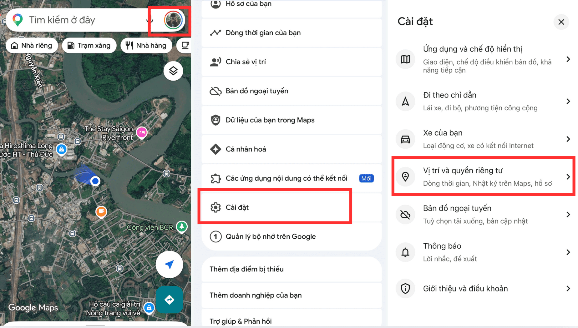 Mở Google Maps rồi v&agrave;o C&agrave;i đặt để bật quyền D&ograve;ng thời gian