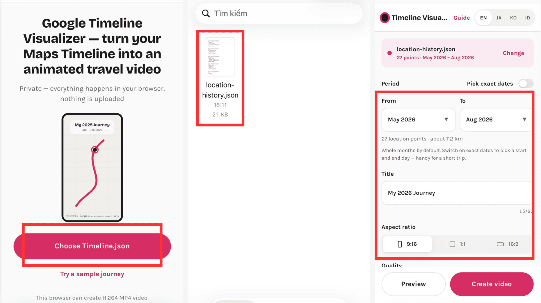 Chọn file Timeline json v&agrave; thiết lập ti&ecirc;u đề thời gian khung video
