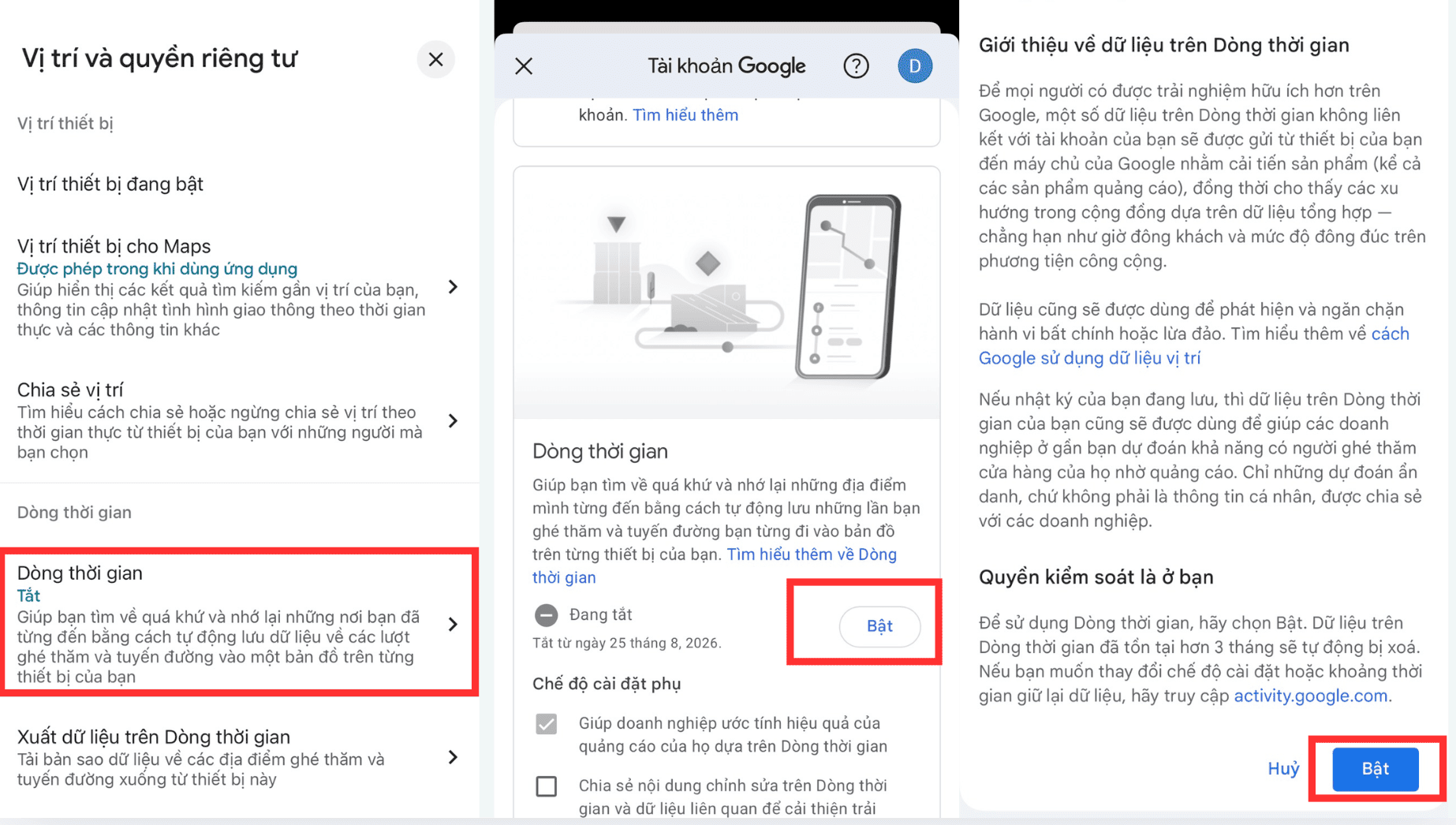 K&iacute;ch hoạt D&ograve;ng thời gian để Google Maps lưu lịch sử di chuyển